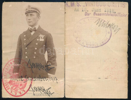 cca 1917-1918 SMS Viribus Unitis tengerésztisztjének, Papp Oszkár k. u. k. haditengerész fregatthadnagynak a fényképes igazolványa.