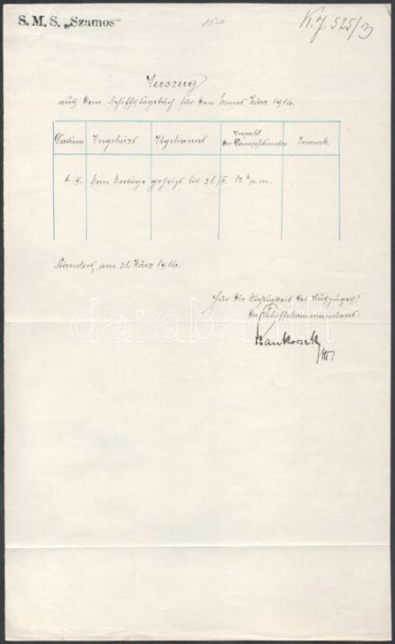 cca 1900 Dunai Flottila S.M.S. Szamos, kivonat, a hajókapitány aláírásával nagyon ritka hajópecséttel  Danube Fleet S.M.S. extract, signed by the ship's captain with a very rare ship's seal