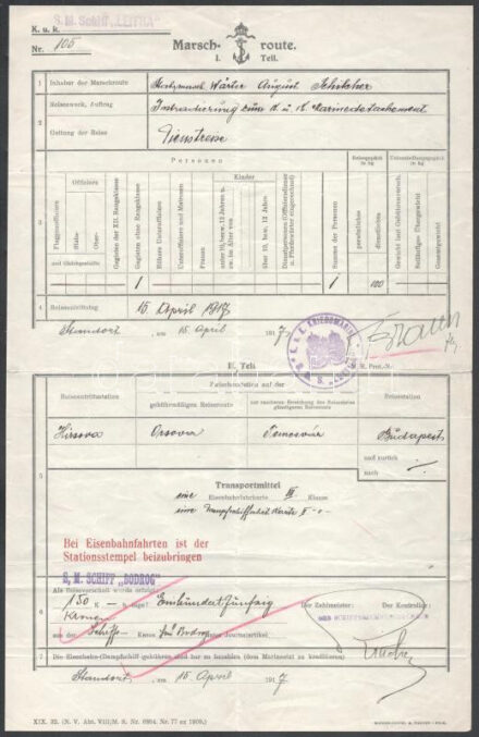 1915 Dunai Flottila S.M.S. Leitha. Útiparancs August Schikcher gépésznek, aki hivatalos szervizmunkában utazik Hirsovából Budapestre. A vasúton harmadosztályú jegyet állítanak ki neki; folyami hajón másodosztályú jegy. Az irat Hirsova 1917. április 15-i keltezésű. Hátoldalán két különböző kerek pecsét (egy piros, egy lila) található a budapesti tengerészgyalogságtól és egy háromsoros gumibélyegző, amely tanúsítja, hogy az utazó bejelentette érkezését. K.u.K. KRIEGSMARINE S.M.S. "LEITHA" Kalis/Kohl No. 3 [DK 4d típus] ill S.M. Schiff ?LEITHA? Ennek a DL 1a típusnak a használata S.M.S. Leitha nem szerepel Kalis/Kohlban!! és S.M. SCHIFF ?BODROG?  / Danube Fleet S.M.S. Leitha. Travel Route for Machinist August Schikcher who is to travel on official service business from Hirsova to Budapest. On rail, he is being issued a third-class ticket; on river boat, a second-class ticket. The document is dated at the base (Hirsova, presumably) on April 15, 1917. On the back it has two different round seals (one red, one violet) from the Budapest Marinedetachement and a three-line rubberstamp attesting to the traveler having reported his arrival. K.u.K. KRIEGSMARINE S.M.S. ?LEITHA? Kalis/Kohl No. 3 [type DK 4d] ? 180 points and S.M. Schiff ?LEITHA? Use of this DL 1a-type seal on S.M.S. Leitha is not recorded in Kalis/Kohl. Liebhaberpreis!! and S.M. SCHIFF