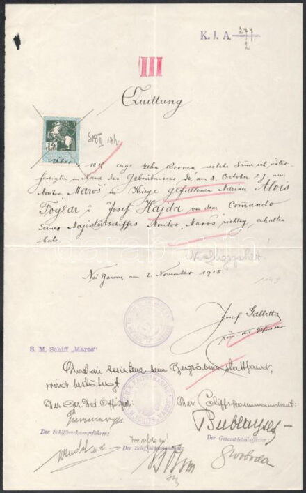 1915 Dunai Flottila S.M.S. Maros: Érdekes, kézzel írott dokumentum 1915. Novi Banovciban, egy kisvárosban a Száva folyó mellett, Belgrád és Újvidék között a vajdaságban. A város katolikus plébánosa írta alá. A dokumentumot az S.M.S. Maros négy tisztje, köztük a parancsnok, Hermann Bublay Linienschiffleutnant (született 1885-ben, Linienschiffleutnant 1913. május 1-jén), és az első tiszt, Friedrich Svoboda fregattenleutnant (született 1890-ben, Linienschiffleut 171. május 17-én). K.U.K. KRIEGSMARINE S.M. SCHIFF ?MAROS? ill S.M. Schiff "Maros" bélyegzéssel  Intriguing handwritten document dated November 2, 1915, in Novi Banovci, a small town on the Sava River, between Belgrade and Novi Sad in the Voivodina.Signed by the Catholic parish priest of the town and bears the parish seal (in Slovenian). Although the area was majority Orthodox Serb, there were also large numbers of Catholics, mostly German, settled in the area by the Habsburg government in the 18th century. The document is signed by four of the S.M.S. Maros?s officers, including the commanding officer, Linienschiffleutnant Hermann Bublay (born in 1885, commissioned Linienschiffleutnant on May 1, 1913), and the first officer, Fregattenleutnant Friedrich Svoboda (born in 1890, to be commissioned Linienschiffleutnant on May 1, 1917). K.U.K. KRIEGSMARINE * S.M. SCHIFF ?MAROS?  * S.M. Schiff "Maros"