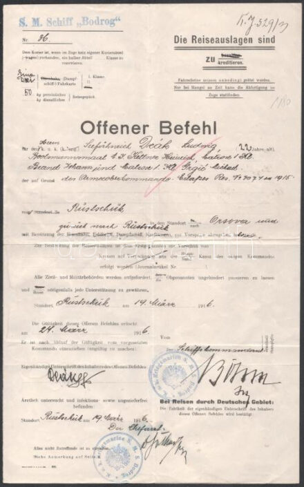 1916 A királyi Dunai Flottilla S. M. S. Bodrog monitor kapitánya Deák Lajos (akkor zászlós) részére szóló nyílt parancs. Ritka hajóbélyegzővel.  Offener Befehl issued to then-Ensign Ludwig Deák (born in 1894, later gazetted Linienschiffleutnant on May 1, 1916) and two first-class seamen to travel from Russe to Orsova and back to Russe, possibly for medical reasons, as the order is signed by the monitor?s commanding officer and by the chief medical officer who found the men to be free of infections and vermin. The single-page document bears two different ship seals from S.M.S. Bodrog: K.u.k. Kriegsmarine S.M.S. Bodrog Kalis/Kohl No. 1 [type DK 2d] blue ?  S.M. Schiff ?Bodrog?  This seal of the type DL 1a is not listed in the Kalis/Kohl catalogue