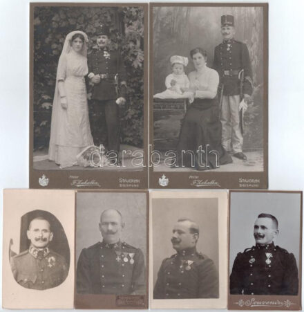 cca 1910-1940 Erdélyi csendőrök egyenruhában, kitüntetésekkel, 6 db fotó, közte keményhátú fotók Franz Zahalka stájerlaki (Stájerlakanina, Anina, Steierdorf), ill. Fáy Márton resicai (Resicabánya, Resita) műterméből. Változó állapotban, 10,5x6 cm és 16,5x10,5 cm