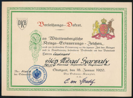 1920 A Württembergische Kriegs-Erinnerungs-Zeichen (világháborús emlékszervezet) oklevele vitéz Gyarmati Mihálynak a m. kir. 1. honvéd gyalogezred hadnagyának. /  1920 Certificate of the Württembergische Kriegs-Erinnerungs-Zeichen (World War II Memorial Organization) to the brave Mihály Gyarmati, lieutenant of the 1st Royal Hungarian Infantry