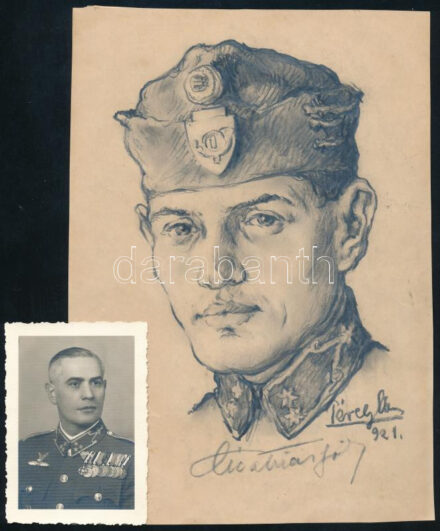 1921 és 1941 Pérey Imre grafikája Cicatricis Miklósról és egy későbbi fotó Cicatricis Miklós határvadász századosról, 8,5×6 és 21,5×15,5 cm