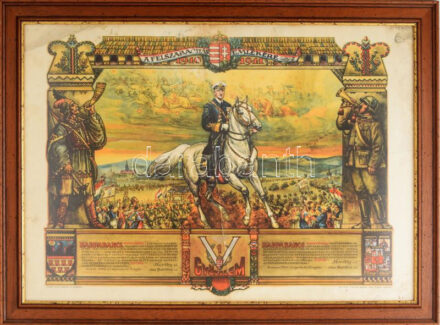 1941 A felszabadítás emlékére 1940-1941. Dekoratív, nagyméretű emléklap, Horthy Miklós kormányzó az erdélyi és a délvidéki bevonulás alkalmával kiadott hadparancsával; a lován ülő Horthy Miklóst, az erdélyi bevonulás jelenetét, címereket és egyéb motívumokat megjelenítő grafikával, szign.: Haranghy Jenő (1894-1951). Bp., Pallas-ny., kissé viseltes állapotban, törésnyomokkal, sérülésekkel, kisebb foltokkal, alul a ,,Győzelem" felirat felett a német birodalmi sast letakarták. Üvegezett fakeretben, 49x69 cm, keret: 58x78