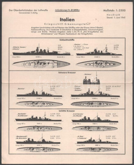 1941 Der Oberbefehlshaber der Luftwaffe - Italien. Kriegsschiff-Erkennungstafel. 1 : 2500 / Olasz hadihajók azonosító táblázata (típusok szerint, felül- és oldalnézeti ábrákkal), kiadja a Német Légierő (Luftwaffe) főparancsnoka, kétoldalas, középen hajtott, 26x21
