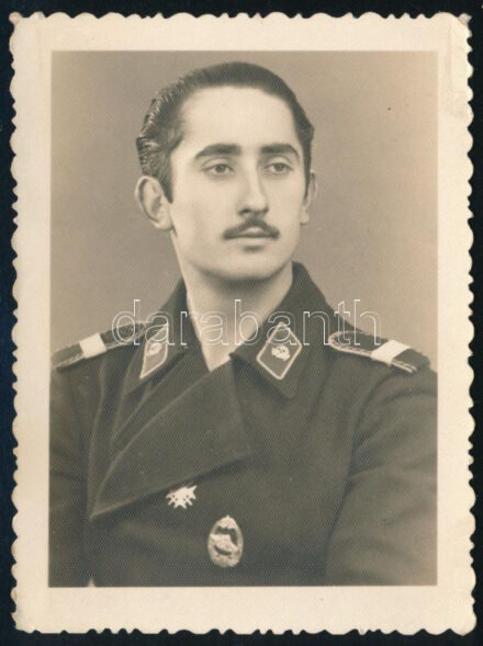 1945 Német páncélostiszt fotója, páncélos jelvénnyel, kitüntetéssel, Pécs, Zách Foto Szalon, a hátoldalán egykorú bejegyzéssel, 8x6 cm