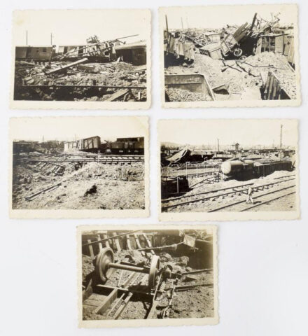 1944 Miskolci fth. (főteher(pályaudvar) = Miskolc-Rendező pályaudvar?) lebombázott vagonjainak fotói, 5 db, feliratozva (1944. VIII. 28, egy fotón két dátummal:1944 VIII. 28., IX. 2.), 6x8 cm