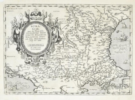 [Románia térképe, Szerbia, Vallachia, Bulgária, Székelyföld ábrázolásával)] 1584. Romaniae, (quae olim Thracia Dicta) Vicinorumq Regionum, uti Bulgariae, Walachiae,... Abraham Ortelius (1527-1598) megjelent Theatrum Orbis Terrarum. Antwerpen, 1584. 51x37 cm /  Map of Romania: Vallachia, Moldavia, Serbia, Bulgaria. Printed in Antwerp in the year