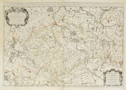 [Felső-Szászország, Brandenburg, Pomeránia rézmetszetű térképe] Le Cercle de La Haute Saxe Le Duche et Electorat de Saxe Les Marquisats de Misnie et de Lusace La Landgraviat de Thuringe Le Brandenbourg et La Pomeranie. Rézmetszet. Megjelent S. Sanson Paris. 1681. 880x490 mm   Sanson 1681. Copper-engraved map of Upper Saxony, Brandenburg,