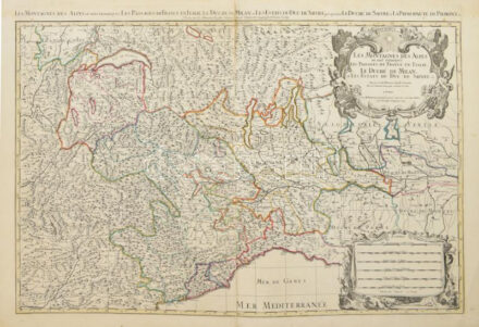 [A francia Alpok, Milánó, Savoya rézmetszetű térképe]  Les Montagnes des Alpes ou sont remarqués les Passages de France en Italie. Le Duché de Milan, et les Estats du Duc de Savoye. Dressé sur les Memoires les plus Nouveaux / Par le Sr. Sanson, ... Sanson, Guillaume (1633-1703). Megjelent 1681. Paris 920x620 mm  Copper-engraved map of the French Alps, Milan,