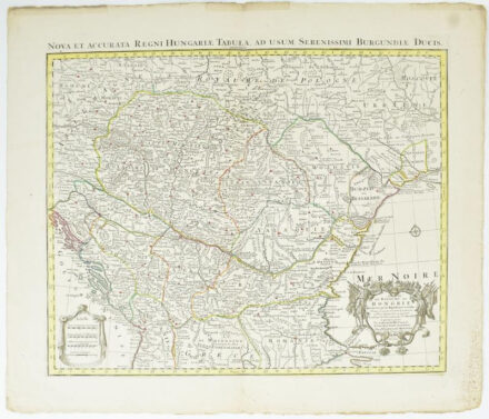 [Magyarország, Erdély, Moldova és Havasalföld térképe ]Nova et accurata Regni Hungariae Tabula, ad usum Serenissimi Burgundiae Ducis. Színezett rézmetszet, Amsterdam, 1747 Covens & Mortier, 488x575 mm,  / Map of Hungary, Transylvania, Moldavia, Vallachia. Colored