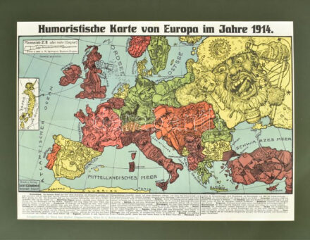 [Európa karikatúra-térképe 1914-ben.] Humoristische Karte von Europa im Jahre 1914. Színes nyomat Lemann - Dumont, Dresden, [1914.] Leutert & Schneidewind Kunstanstalt - Wien, Walter Zimmermann. 49,5x36 cm Paszpartuban  Cartoon map of Europe in 1914. Colored print in