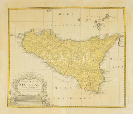[Szicília színezett rézmetszetű térképe] Homann Heirs: 1747 Regni & Insulae Siciliae Tabula geographica, ex Archetypo graniori in hoc compendium redata . . . Ao. 1747 . / copper plate map of Sicily 463x540 mm