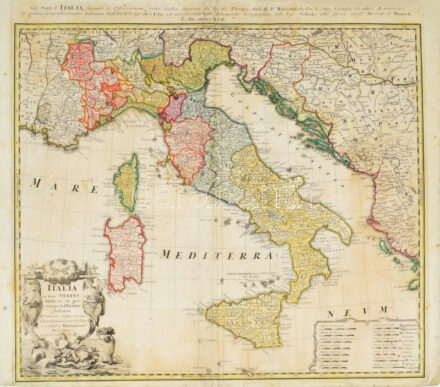 1742 Az olasz államok térképe. Homann örökösei: Italia in suos Status divisa et ex prototypo del Isliano desumta Elementis insuper Geographiae Schazianis accomodata Curantibus Homannianis Heredibus. Színezett rézmetszet / Map of the Italian States. Colored copper plate engraving . 58x48