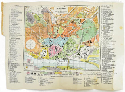 1915 Pozsony szab. kir. város, Sz. K. Pozsony város és környéke, és Pozsony megye színezett térképei (1:500.000), rajzolta: Feigler Ferenc, Pozsony, Steiner Zsigmond-ny., Bannwarth Th. kőnyomdája. Színes litográfia,papír, boríték nélkül, hajtott, kis folttal, 29x34 cm, 20x28,5 cm, 27x20,5 cm, teljes: 39x53 cm. /  1915 Map of Bratislava/Pressburg, the Surroundings of Bratislava/Pressburg, and the County of Bratislava/Pressburg, drew by Ferenc, Feigler, Bratislava, Zsigmond Steiner, Wien, Th[eodor] Bannwarth, Lithography Institute, colorful litography, papír, without cover, with little spotty, 29x34 cm, 20x28,5 cm, 27x20,5 cm, full: 39x53