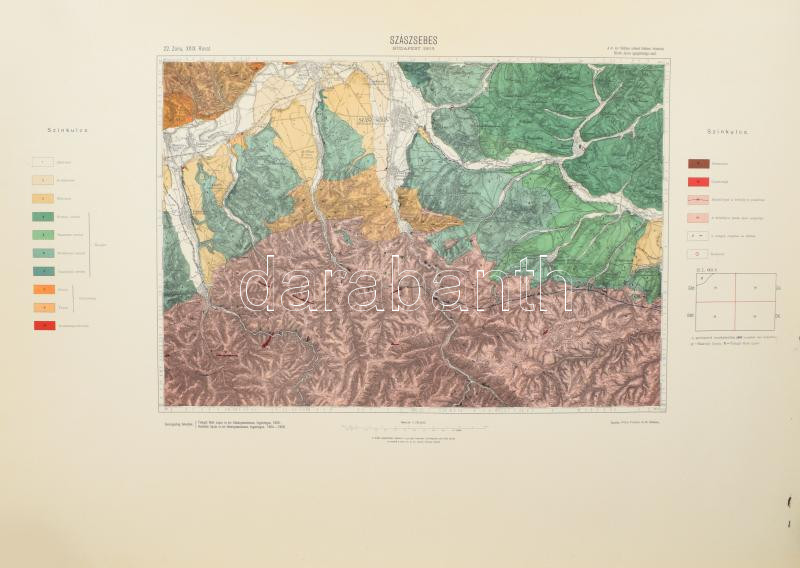 1909 Szászsebes és környéke geológiai térképe, színes litográfia, 22. Zóna XXIX. Rovat, 1:75.000, Rajzolta: Pitter Tivadar. Felvették: Telegdi Roth Lajos, Halaváts Gyula, Bécs, Cs. és Kir. Katonai Földrajzi Intézet, feltekerve, jó állapotban, 38x53 cm, teljes: 67x92