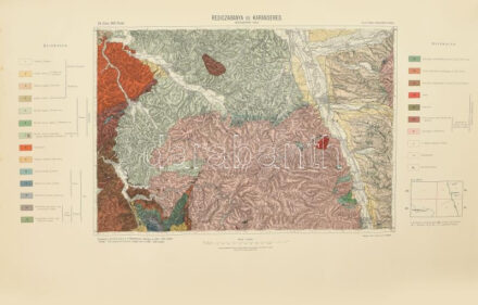 1914 Resicabánya és Karánsebes és környéke geológiai térképe, színes litográfia, 24. Zóna XXVI. Rovat, 1:75.000, Rajzolta: Pitter Tivadar. Felvették: Halaváts Gyula, Schafarzik Ferenc, Bécs, Cs. és Kir. Katonai Földrajzi Intézet, feltekerve, a szélén foltos, jó állapotban, 38x53 cm, teljes: 67x92