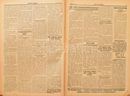 1919 Vörös Újság. A Magyarországi Szocialista Párt / A Szocialista - Kommunista Munkások Magyarországi Pártjának délutáni hivatalos lapja. II. évf. 44-50., 52-70., 71-96., 122-131., 133-145., 148, 146, 147. számok. 1919. április 1-7., 9-30., május 1-31., július 1-11., 13., 15-27., 31.,29., 30. 3 kötetbe kötve. Átkötött félvászon-kötések, benne szakadt, sérült lapokkal, valamint néhány kijáró lappal, egy lap hiánnyal (142 sz. 3/4 p.), egy lap sarkán hiánnyal (71. sz. 3/4 p.), néhány lapon bejegyzéssel, egy lapon firkával, 2 lap nyomdahibás (92. sz. 1/2, és 7/8 p.), a 133. szám kétszer szerepel a kötetben.  A Vörös Ujság a Magyarországi Szocialista Párt szócsöveként, 1918. dec. 7-e és 1919. aug. 3-a között jelent meg. Tételünk az 1919. április 1-7, 9-30., május 1-31. és július 1-11.,13,15-27, 29-31. között megjelent számokat tartalmazza. A korabeli híradásokból figyelemmel kísérhető a korszak politikája, háborús és egyéb történései, hírei...stb. Ritka, és értékes kortörténeti dokumentum, melyet a hatóságok sem a Horthy-, sem a Rákosi-korban sem szerettek (Kun Béla.) Továbbá az újság fennmaradását nagyban nehezítette, hogy sokszor a háború és a gazdasági körülmények miatt rendkívül gyenge minűségű papírra