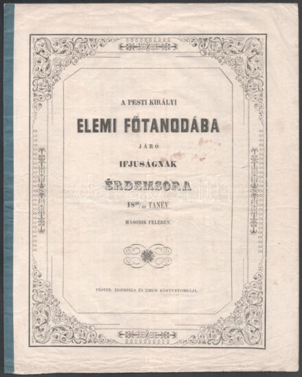 1850/1851 A Pesti Királyi Elemi Főtanodába járó ifjúságnak érdemsora a második félévben, benne Steindl Imre nevével 10p