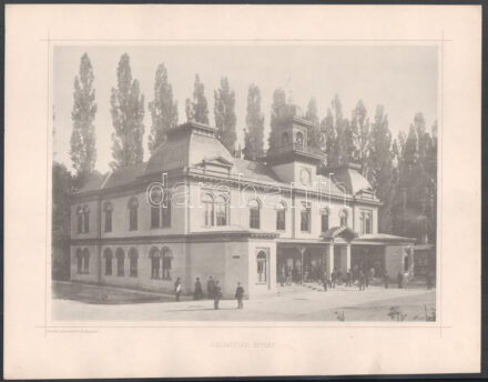 1885 Budapest, Országos Általános Kiállítás pavilonjai - igazgatósági épület, nyomat Kozmata Műintézetéből, 26×33 cm