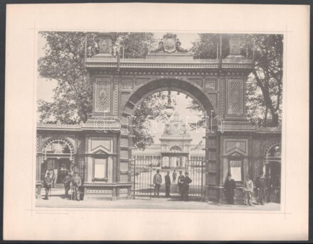 1885 Budapest, Országos Általános Kiállítás pavilonjai - főbejárat, nyomat Kozmata Műintézetéből, 26×33 cm