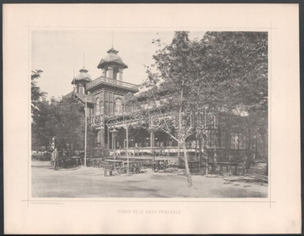 1885 Budapest, Országos Általános Kiállítás pavilonjai - Dobos-féle nagy vendéglő, nyomat Kozmata Műintézetéből, 26×33 cm