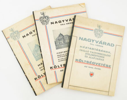 Nagyvárad thj. város háztartásának, önálló vagyonkezelésű intézményeinek és alapjainak költségvetése az 1942.évre./ Nagyvárad thj. város háztartásának, önálló vagyonkezelésű intézményeinek és alapjainak és alapítványainak költségvetése az 1943.évre./ Nagyvárad thj. város háztartásának, alapjainak és alapítványainak költségvetése az 1944.évre./ Nagyvárad, 1942-1944., Kálvin-ny., 1 t. + 103+4+37 p.; 109+4+38 p.; 2+I-II+3-111 p. Félvászon-kötésekben, foltos borítókkal, az 1942-esben a címkép foltos, az 1943-1944-es kötetek gerince sérült, részben hiányos, névbejegyzésekkel (Béres Károly.) Rendkívül