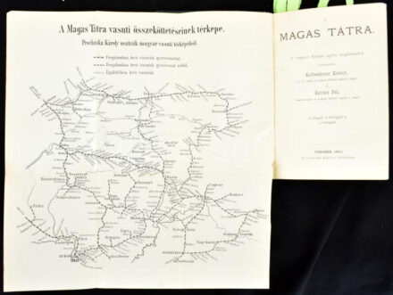 Kolbenheyer Károly - Kovács Pál: A Magas Tátra. A magyar Kárpát-egylet megbízásából szerkesztették - -. Teschen, 1883., Prochaska Károly, 1 (kihatjható térkép) t. + 4+162+16 p.+12 (képtáblák) t. + 2 (kihajtható panorámaképek) t. + 3 (kihatjható térképek) t. Korabeli reklámokkal. Kiadói aranyozott, festett egészvászon-kötés, festett lapélekkel, kissé laza fűzéssel, a borítón kis kopásnyomokkal, 3 képtábla kijár, a térképeken