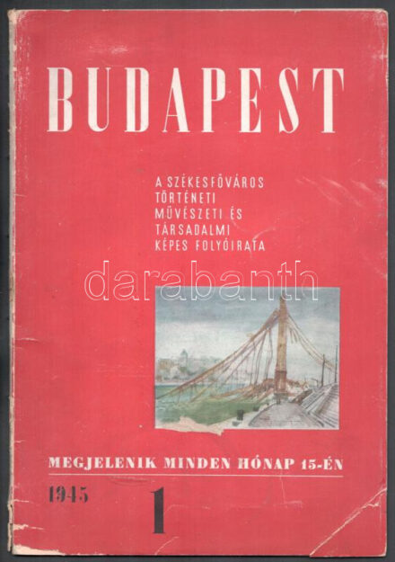 1945 Budapest. Székesfőváros történeti, művészeti és társadalmi képes folyóirata. 1945. október. I. évf. 1. sz. Főszerk.: Némethy Károly. Szerk.: Lestyán Sándor. Főmunkatársak: Genthon István, Gergely Sándor, Kozma Lajos, Mátrai László. Bp., 1945, Budapest Székesfőváros Házinyomdája, 4+41+3 p. A borító Kozma Lajos munkája. Gazdag fekete-fehér képanyaggal illusztrált. Kiadói papírkötés, kopott, kissé sérült borítóval, a füzet teste elvált a