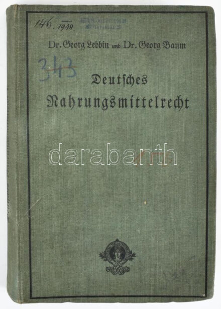 Lebbin, Georg - Baum, Georg: Handbuch des Nahrungsmittelrechts. [Az élelmiszerjog kézikönyve.] Deutsches Nahrungsmittelrecht für Juristen, Mediziner, Chemiker und Gewerbetreibende I. Berlin, 1907, J. Guttentag, X+(2)+555+(1) p. (Benne többek közt ,,Bier und bierähnliche Getränke" - ,,Sör és sörszerű italok" című fejezettel.) Első kiadás. Német nyelven. Kiadói egészvászon-kötés, vetemedett kötéstáblákkal, belül nagyrészt jó állapotban. / First edition. In German language. Hardcover, with slightly misshapen cover, in mostly good condition on the