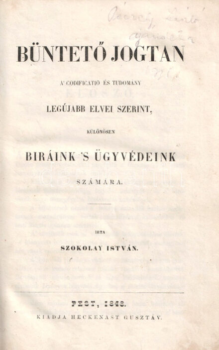 Szokolay István:  Büntető jogtan a' codificatio és tudomány legújabb elvei szerint, különösen bíránk 's ügyvédeink számára. Pest, 1848. Kiadja Heckenast Gusztáv. XII + 452 p. Első kiadás. Szokolay István (1822-1904) jogász, jogi szakíró, szerkesztő. Fiatal korában írt műve, Büntető jogtana, tételünk az első önálló büntetőjogi magyar mű, melyet nem mellesleg a pesti egyetem a hivatalos tankönyv rangjára emelt. A szépen felosztott munka általános bevezetésében elmarasztalja a kínvallatás gyakorlatát, és szorgalmazza a törvény előtti egyenlőség tényleges megvalósítását. A halálbüntetéssel kapcsolatban állást foglaló rendszeres munka utolsó része a bűnügyi perrendtartást tárgyalja. A címlapon régi ajándékozási bejegyzés, néhány levélen széljegyzetek, aláhúzások. Egyes oldalakon apró foltosság, néhány levél fűzése meglazult. Példányunk első előzéke hiányos. Díszesen aranyozott gerincű, kötéstábláin enyhén kopott, enyhén sérült korabeli félbőr kötésben, színes festésű lapszélekkel. Jó
