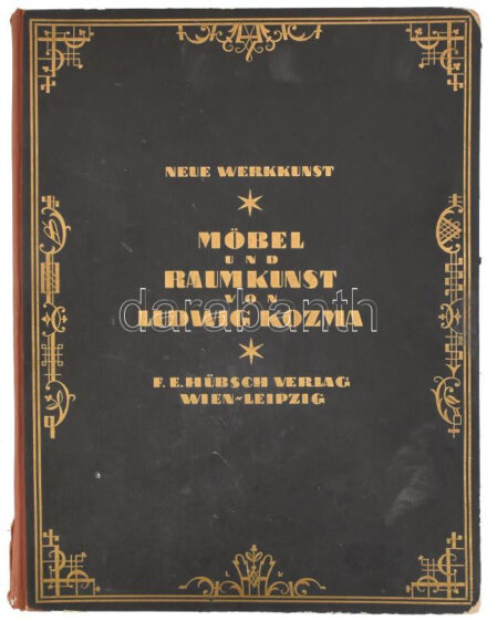 Ludwig Kozma: Möbel und Raumkunst. [Bútor és térművészet.] Ludwig Kozma, mit einer Einleitung von Ernst Kállai. DEDIKÁLT! Neue Werkkunst VII. Leipzig - Wien, 1926., Friedrich Ernst Hübsch Verlag, 17+3 p. + LXVIII (fekete-fehér képtáblák) t. Német nyelven. Rendkívül izgalmas, fekete-fehér képanyaggal illusztrált, rajta Kozma Lajos által tervezett, bútorokkal, enteriőrökkel...stb. Kozma Lajos által tervezett borítódíszítéssel (jelzett (L.K.) Kiadói aranyozott félvászon-kötés, kopott borítóval, sérült gerinccel, de belül jó állapotban. Ritka!  A szerző, Kozma Lajos (1884-1948) építész, iparművész, grafikus, műegyetemi tanár által Szántó Rudolf (1899-1943) író, újságíró, műfordító részére DEDIKÁLT példány!  "Szántó Rudolfnak tiszteletére tiszteletére Kozma Lajos 1926 nov."   Szántó Rudolf (1899-1943) író, újságíró, műfordító. Bródy Lili első férje. A Tanácsköztársaságban való részvételéért a zalaegerszegi internálótáborba került. Majd rövid tanulmányok után külföldre emigrált. Előbb Berlinben Bernáth Aurél szobatársa, akinek a rajzait árulta, majd Prágában külpolitikai újságíró és Benes csehszlovák elnök bizalmasa. 1926-ban hazatért és a Pesti Napló munkatársa lett (1926-1939.) 1941-ben a Jugoszláviai támadás során elhurcolták, majd munkaszolgálatosként a keleti frontra vitték, ahol megölték.  Kozma, Lajos: Möbel und Raumkunst c. műről. Elek Artúr írt recenziót a Nyugat 1927. 2. számában.  "Német kiadó kiadásában valóságos díszmunka jelent meg (Möbel und Raumkunst von Ludwig Kozma. Wien-Leipzig, F. E. Hübsch Verlag), mely remek felvételekben és kifogástalan kivitelű fénynyomatokban Kozma Lajos újabb butorait és intérieurjeit mutatja be. Külföldre kerülnie magyar művésznek egymagában is ritka szerencsés sors, akkora tisztesség pedig, aminőt ennek a díszmunkának a kiadása jelent, példátlan eset. Megértéséhez tudni szükséges, hogy Kozmának már a háború előtt jóhangzású volt a neve Németországban, az iparművészeti folyóiratok sűrűn foglalkoztak munkásságával, sőt egyikük, az "Interieur" című, két ízben is művészete bemutatásának szentelte terjedelme nagyobb részét. Annál érdekesebb jelenség ez, mert Kozma művészetének igen sajátos zamata van, valami olyan átható íze, amely minden nemzet művészetétől megkülönbözteti. A külföld eddig művészetünk egyéb hasonló tulajdonságú alkotásai iránt nem nagy érdeklődést mutatott. Az olaszok voltak az egyetlenek, kik az 1906-iki milanói nagy iparművészeti kiállításon és azóta is bizonyos tisztelettel néznek a nép művészetéből kialakított magyar iparművészetre. Az olaszoknál sokkal fejlettebb iparművészetű németek között a mi külön törekvéseink eddig nem igen találtak megértőre.  Kozma Lajos az első és eddig az egyetlen, ki művészetével szemlátomást meg tudta ragadni a németeket. Sőt annyira megragadta, hogy már utánzói is jelentkeztek közöttük, akik törekvéseit és eredményeit - a szó kedvezőtlen értelmében - népszerűsítik. Veszedelem ebben, szerencsére, nincsen, mert az utánzók csak a felszínen látható jelenségekhez jutnak el, a gyökérig sohasem. Kozma művészete pedig - képzeletjárása és ornamentumalakító logikája - abból a művészetből táplálkozik, melyet a magyar nép képzelete fejlesztett ki magából körülbelül kétszáz évvel ezelőtt. ...   Finom hozzáérződéssel futtatja be Kozma képzelete egy-egy lakásának helyiségeit szemetvidító ékítményes dísszel. Nem egy motivumában a népmese ősi kacagása csilingel. Minden elgondolásán megérzik, milyen nagyot szürcsölt ez a művész a nép alkotó művészetéből.  A díszítő mellett a gyakorlati igényekhez alkalmazkodó iparművész is tudja munkáiban a kötelességét. Kozma általában a meghitt környezetek művésze. Szobái, halljai kicsiny ablakaikkal, kicsiny ajtaikkal a meghitt otthonok melegének beszédét idézik föl. Finom érzékkel hagyja megtagolatlannak a falsíkokat, hogy a párkány vagy egy-egy ajtóbéllet erőteljesebb kialakítása, gazdagabb ornamentumos dísze, annál nagyobb nyomatékkal érvényesüljön.  Elragadók egyenesen rusztikus hatásúnak tervezett helyiségei.