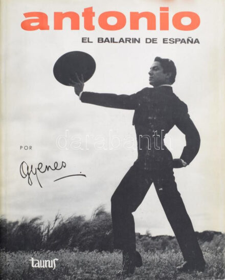 Antonio. El Bailarin de Espana. En fotografias de [Juan] Gyenes. Comentarios de Jose Eugenio de Baviera Y Borbon, Joaquin Calvo Sotelo, Jose Ma. de Cossio, Garardo Diego, Antonio Fernandez-Cid, Ernesto Halffter, Serge Lifar, Federico Mompou, Edgar Neville, Jose Ma. Peman, Arturo Rubinstein. Dibujos especialmente dedicados por Picasso, Jean Cocteau y Jose Caballero. Y Una autobiografia brevisima de Antonio. 1964, Taurus, 104+2 p. Spanyol nyelven. Első kiadás. Antonio Ruiz Soler (1921-1996) spanyol flamenco táncos, koregráfus és rendező. Szakmai körökben Antonio vagy Antonio el Bailarín ("Antonio a táncor") néven volt ismert. Juan Gyenes / Gyenes János (1912-1995) magyar származású, kaposvári születű, spanyol fotóművész fotóival rendkívül gazdagon illusztrált kötet. Nagyrészt fekete-fehér és néhány színes fotóval illusztrált. Kiadói aranyozott félbőr-kötés, kiadói papír védőborítóban.  Számozott (133./250), és a fotóművész, Juan Gyenes / Gyenes János (1912-1995) által Ury Ibolya "Csibi" (Ury Endréné Erdey Ibolya (1924-2009) művészettörténész részére DEDIKÁLT példány. Benne Juan Gyenes névjegykártyájával is!  "Erdey Ibolyának, aki művész és történész és azonkívül jóbarátnő, február 20 előtt ... január 5-én. Juan Gyenes Bp." /  Antonio. El Bailarin de Espana. En fotografias de [Juan] Gyenes. Comentarios de Jose Eugenio de Baviera Y Borbon, Joaquin Calvo Sotelo, Jose Ma. de Cossio, Garardo Diego, Antonio Fernandez-Cid, Ernesto Halffter, Serge Lifar, Federico Mompou, Edgar Neville, Jose Ma. Peman, Arturo Rubinstein. Dibujos especialmente dedicados por Picasso, Jean Cocteau y Jose Caballero. Y Una autobiografia brevisima de Antonio. 1964, Taurus, 104+2 p. In Spanish language. First Edition. Antonio Ruiz Soler (1921-1996) was a Spanish flamenco dancer, choreographer and dance director. He was professionally known as Antonio or Antonio el Bailsarín ("Antonio the dancer"). Illustrated with photographs of Juan Gyenes / Gyenes János (1912-1995), the Hungarian born Spanish photographer. With lot of black-and-white and some colored photographs. Gilt Half-leather-bindig, with papercover.  Numbered (133./250) copy, with signature of Juan Gyenes / Gyenes János