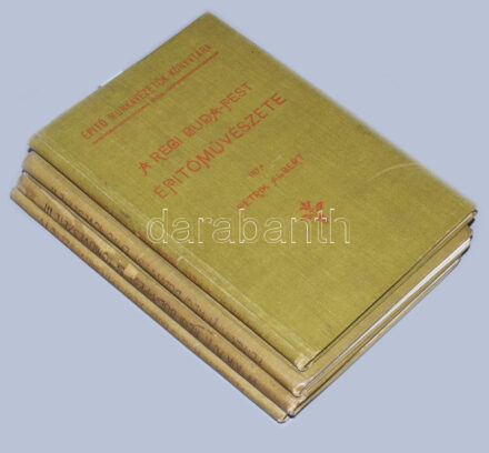 Petrik Albert: A régi Buda-Pest építőművészete I-IV. rész. Építő munkavezetők könyvtára XVIII.,XXXI.,XXXII., XXVI. Szerk.: Jakabffy Ferenc. Bp., 1909-1911, Ifj. Nágel Ottó, (Stephaneum-ny.), 96+1 p.; 103 p.; 104 p.; 104 p. Fekete-fehér fotókkal illusztrálva. Kiadói egészvászon-kötésben, kissé kopott borítóval, egy foltos gerinccel, de alapvetően jó állapotban.  Az első kötet elején Pásztor Mihály (1876-1944): újságíró autográf