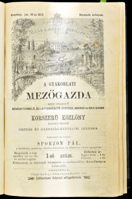 A gyakorlati mezőgazda mint okszerű növénytermelő, állattenyésztő, kertész, borász és házi-gazda. Korszerű lap minden rendű gazdák és gazdaság-kedvelők számára. Szerk. és kiadja: Sporzon Pál. III. évf. 1-36. sz. Teljes évfolyam. 1874. M[agyar]-Óvár, 1873-1874, Czéh Sándor, 6+579 p. Szövegközti fametszetű képanyaggal illusztrált. Átkötött félvászon-kötésben, kopott