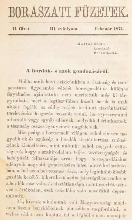 1871 Borászat Füzetek III. évf. 1-12. füzet. Teljes, III. évfolyam! [Szerk.: Entz Ferenc.][Pest, 1871, Kocsi Sándor, 754+IV p. Átkötött félvászon-kötés, foltos lapokkal. Ritka szőlészeti-borászati szakfolyóirat, amely Somssich Pál és Entz Ferenc szerkesztésében jelent meg, havonta, 1869-1973. Teljes évfolyam rendkívül