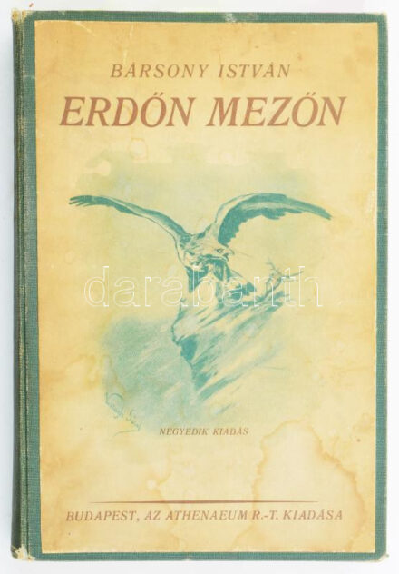 Bársony István: Erdőn mezőn.   Az író, Bársony István (1855-1928) vadász, író, újságíró által DEDIKÁLT példány. Benne bekötve a szerző autográf levelével, 1927 karácsonyáról (1927. dec. 23.). "Kedves Jenőm! Most jelent meg Erdőn mezőn című természetjáró könyvem új (negyedik) kiadása." OSZK szerint a negyedik kiadás 1922-ben jelent meg. Ugyan akkor az 1928. jan. 10. Nimród lap a hetedik új kiadást említi. Könnyen elképzelhető, hogy ez egy változatlan utánnyomás.   Természeti és vadászati képek. Kiváló magyar művészek eredeti rajzaival. Bp., [1928.],Athenaeum, 276 p.+ 8 t. Negyedik kiadás. Korabeli átkötött egészvászon-kötés, az eredeti elülső borítót az átkötéskor felhasználták, kopott, foltos borítóval, de belül jó