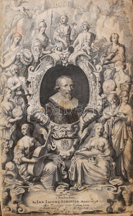 Iacob Cats: Alle de Wercken. Amsterdam, 1658, Jan Jacobz Schipper, 1 (díszcímlap) t.+16+164+20+26+2+27-30+4+15+1+5+195+7+2+52+8+180+16+192+12+193-265 [helyesen 261]+9+8+74+6+81-104+34+6+8+6+40 [helyesen 42]+4+108+8+64+1-2+3-12 p. Holland nyelven. Rendkívül gazdag szövegközti és egészoldalas rézmetszetű képanyaggal illusztrált. Korabeli egészbőr-kötésben, kopott borítóval, sérült gerinccel és táblákkal, kissé foltos lapokkal, restaurált és néhány (4-5) részben pótolt lappal, valamint az utolsó 5 lap kézzel írt pótlás, néhány lapon szakadással, az első díszcímlap sérült, egy kétoldalas tábla a szélein sérült, hiányos.  Jacob Cats (1577-1660) holland költő, emblemata költő, humorista, jogász és