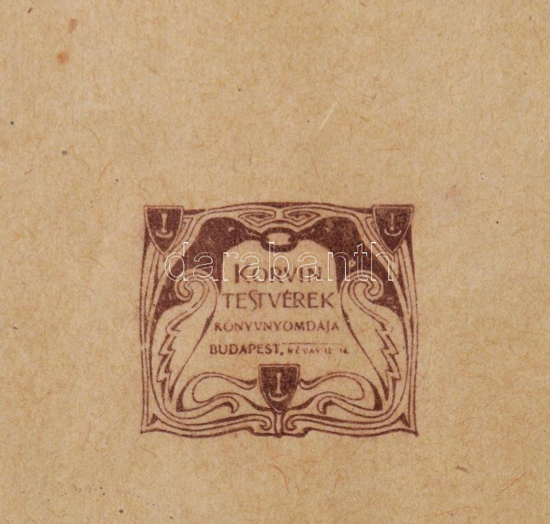 A Budapesti Ujságírók Egyesülete Almanachja 1906. Szerk.: Cziklay Lajos és Szatmári Mór. Bp., 1906, Korvin-ny., 8+366+40 (hirdetések)?p. + 16 (műmellékletek. Bihari Sándor, Edvi Illés Aladár, Glatz Oszkár, Komáromi Kacz Endre, Lotz Károly, Magyar-Mannheimer Gusztáv, Pállya Celesztion, Strobentz Frigyes, Szinyei Merse Pál, Thorma János, Vaszary János, Zempléni Tivadar műveinek reprodukcióival.) t. Gazdag képanyaggal, szecessziós könyvdíszekkel illusztrált. Korabeli szecessziós reklámanyaggal, közte "Kugler Henrik Gerbaud" reklámmal, rajta a cég üzleteinek képével. Érdekes írásokkal, köztük Mikszáth Kálmán, Herczeg Ferenc, Herman Ottó, Kiss József, Bársony István, Tömörkény István, Ignotus és Thury Zoltán írásaival. Kiadói szecessziós díszesen aranyozott, festett, illusztrált dombornyomásos egészvászon kötésben, Dörner és Heimberg-kötés, szecessziós mintás lapélekkel, eredeti sérült, részben hiányos kiadói szecessziós papír védőborítóban, kopott kiadói kartontokban, a papírborító és a kartontok hibáitól eltekintve a könyv rendkívül szép, már-már hibátlan - Image 2