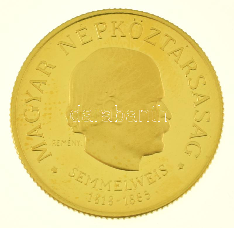 1968. 50Ft Au "Semmelweis Ignác" kapszulában (4,24g/0.900) T:1 (PP) ujjlenyomat, patina / Hungary 1968. 50 Forint Au "Ignác Semmelweis" in capsule (4,24g/0.900) C:UNC (PP) fingerprints, patina Adamo EM29, Krause KM#583