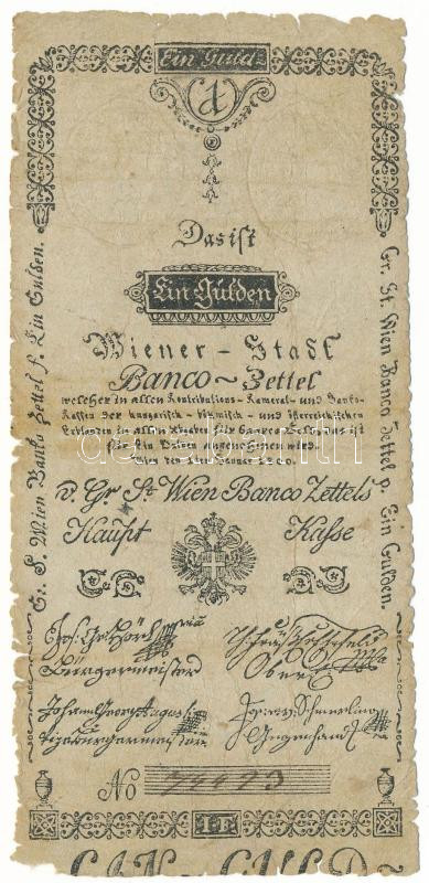 1800. 1G "Bécsi városi bankócédula" kézi "74423" sorszámmal, szárazpecséttel T:VG lyuk / Habsburg Empire 1800. 1 Gulden "Wiener-Stadt Banco-Zettel" with handwritten serial "74423" and embossed stamp C:VG hole Adamo G30