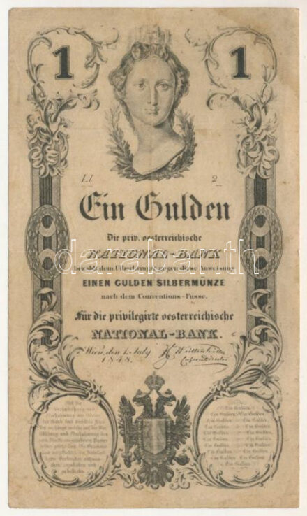 1848. 1G vízjeles papíron T:VG foltos / Hungary 1848. 1 Gulden on watermarked paper C:VG spotted Adamo G82