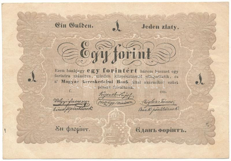 1848. 1Ft "Kossuth bankó" hátoldali szövegben sajtóhiba: a cirillbetűs román szöveg utolsó karakterén ékezethiba T:VF,F szép papír / Hungary 1848. 1 Forint "Kossuth banknote" with typographical error in the Romanian text C:VF,F fine paper Adamo G104h, Krause