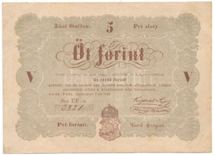1848. 5Ft "Kossuth bankó" "EF:o 3821" T:F szép papír / Hungary 1848. 5 Forint "Kossuth banknote" "EF:o 3821" C:F fine paper Adamo G109, Krause P#S116