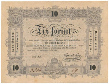 1848. 10Ft "Kossuth bankó" "AJ 3514 69" T:F folt, egyébként szép papír / Hungary 1848. 10 Forint "Kossuth banknote" "AJ 3514 69" C:F spotted, but fine paper Adamo G111, Krause P#S117