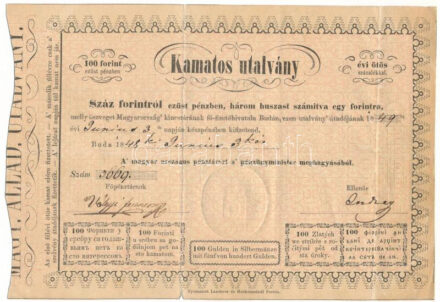 1848. 100Ft "Kamatos Utalvány" rózsaszín változat kamatszelvény nélkül, szárazpecséttel, Völgyi Ferenc és Endrey Endre saját kezű aláírásával! T:F kis beszakadás az egyik hajtásnál, egyébként erős papír RR! / Hungary 1848. 100 Forint "Kamatos Utalvány (Interest-bearing Voucher)" pink version without coupon, with embossed stamp, signed by Ferenc Völgyi and Endre Endrey! C:F small tear at one fold, otherwise strong paper Adamo