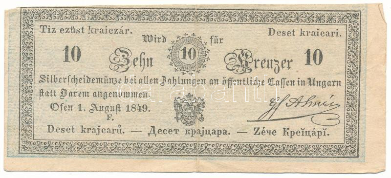 1849. 10kr "Almásy", "F" sorozat T:VF beszakadás, egyébként szép papír / Hungary 1849. 10 Kreuzer "Almásy", with "F" prefix C:VF tear, otherwise fine paper Adamo G101