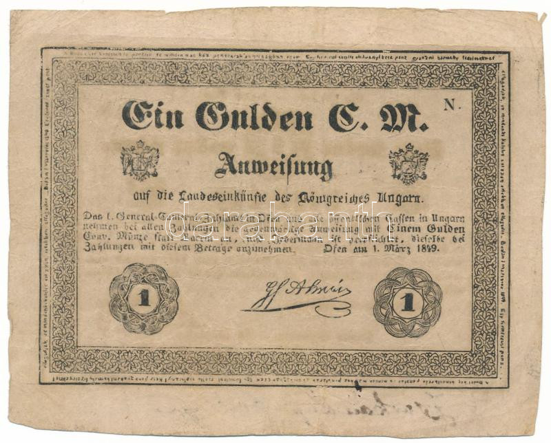 1849. 1Ft "Almásy bankó" korabeli hamisítvány, vékonyabb, nem vízjeles papíron, egyenetlen szövegképpel "N" T:VG / Hungary 1849. 1 Forint "Almásy banknote" contemporary fake, on thinner, non-watermarked paper, with uneven text "N" C:VG - Image 2