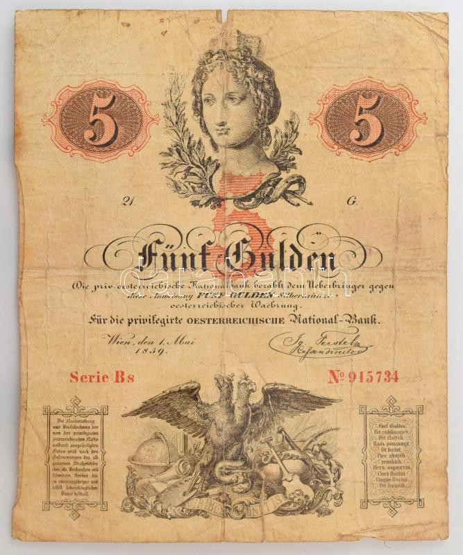 1859. 5G "Bs 915734" vízjeles papíron T:G nagy szakadás / Austrian Empire 1859. 5 Gulden "Bs 915734" on watermarked paper C:G big tear Adamo G91